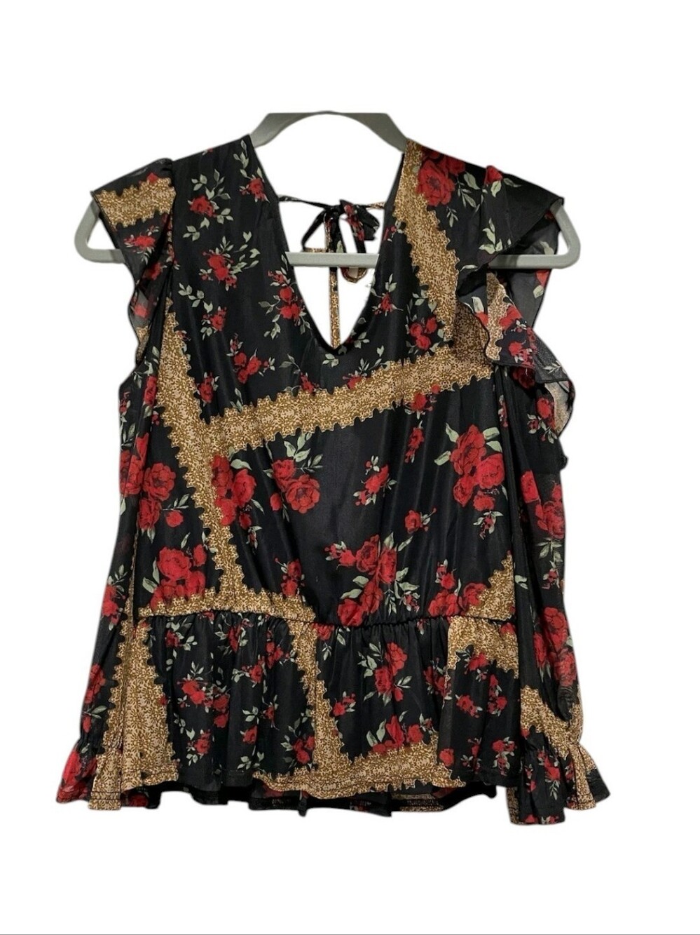 Black Floral Ruffle V-Neck Blouse with Red Roses